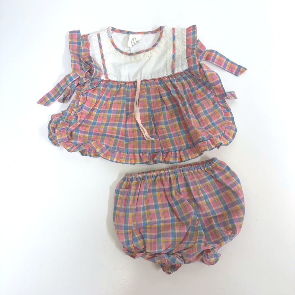 Vintage Sears Baby Girls Plaid Pinafore Top and Bloomer Set Multicolor Medium